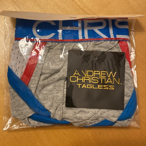 Medium Andrew Christian “Almost Naked” Mesh & Cotton Brief White Grey Blue Red - Picture 8 of 9